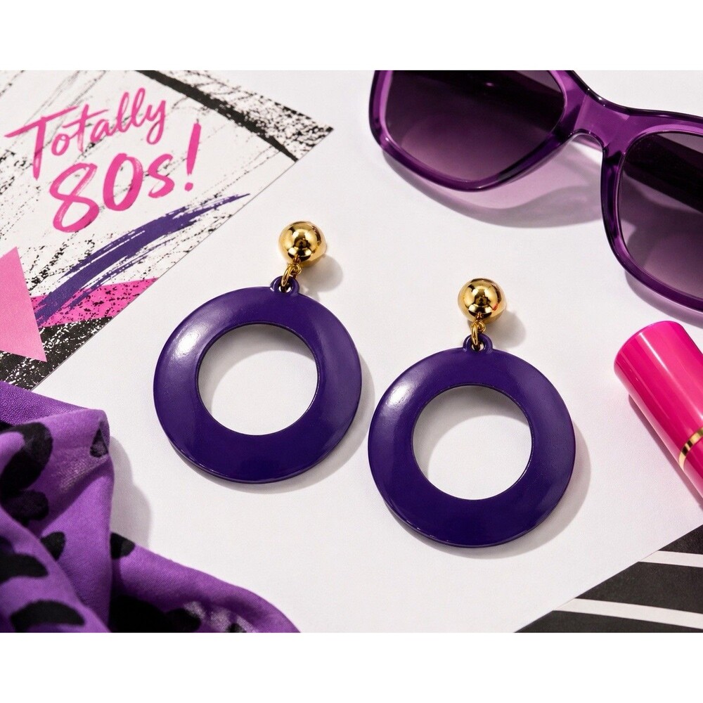 Vintage 80s Purple Enamel Hoop Dangle Earrings Gold Tone Hoop Statement Mod Rad